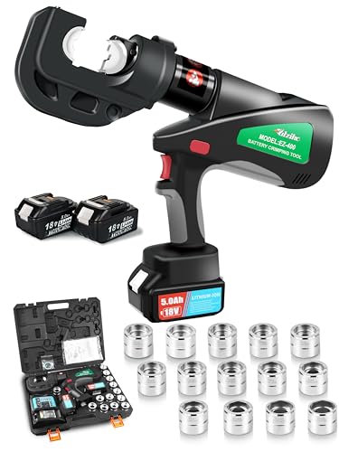 UTZIKO Electric Hydraulic Cable Lug Crimping Machine 12 ton Rechargeable Terminal Cable Pliers with 14 pairs of American standard hexagonal dies (6AWG-750 kcmil), Electric Hydraulic Crimping Tool