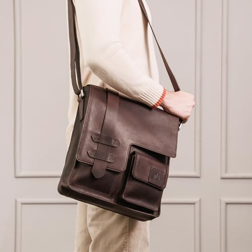 VELEZ Dark Brown Top Grain Leather Small Messenger + Crossbody Purse For Men4