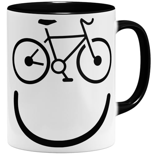 OM3® lustige Fahrrad Kaffee-Tasse mit lachendem Gesicht - Bicycle Happy Smile - Keramik Becher - 325ml - Beidseitig Bedruckt - Schwarz