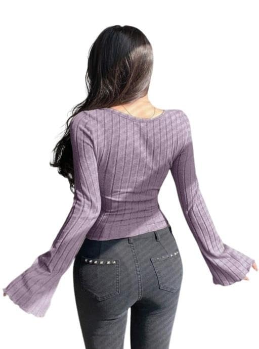 Image of Women Slim Fit Long Flare Sleeve Ribbed Knit Criss Cross Cut Out Casual Fashion Top Trendy Daily Outfit for Girls and Women