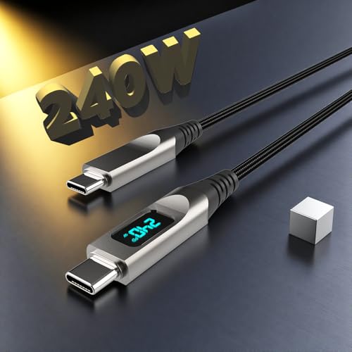 AVEER 240W USB C à C Câble de charge led rapide avec affichage de puissance, transfert de données haute vitesse, câble tressé Nylon pour iPhone 15,16,17 Series, ipads, Samsung Series avec c Type de fente