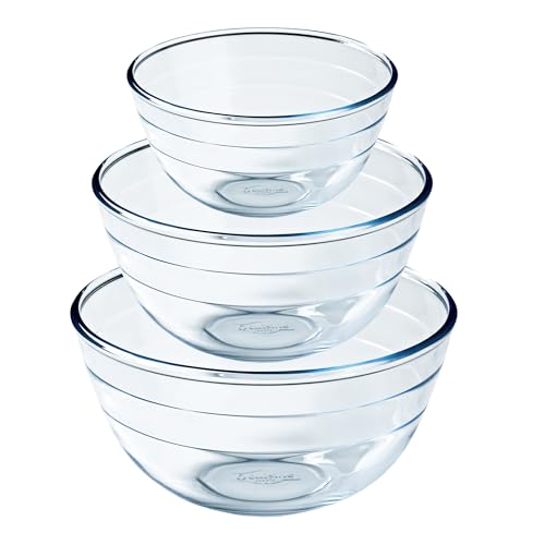 Ôcuisine® Bowl Glass Round Mixing & Prep Bowls | Extreme Resistance | Oven Safe - Freezer Safe - Microwave Safe | Borosilicate Glass | Made in France (Bowl Set of 3 (1, 2, 3LT))
