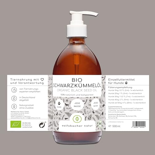 Bio Schwarzkümmelöl für Hunde 500ml, kaltgepresst aus kontrolliert biologischem Anbau DE-ÖKO-060, mit praktischem Dosierer