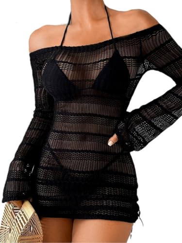 Kaei&Shi Sexy Crochet Coverups for Women,Off Shoulder Long Sleeve Beach Dresses,Bathing Suit Cover Up Vacation Outfits