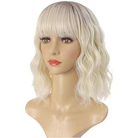 THEMIS HAIR Short Wig With Bangs Ombre Blonde Wavy Costume Bob Wigs Natural Colorful Premium Synthetic Curly Cosplay Wig For Girls Women (Color T1B/Blonde) Cover