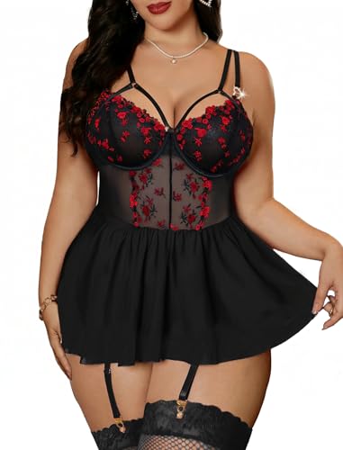 Alrovetoney 4pcs Plus Size Sexy Lingerie Set For Women Lace Bodysuit Teddy Baby Dolls Panty Sexy Bodysuit Black Red Embroidery 4XL