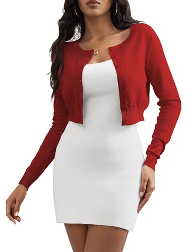Image of Women's Cropped Cardigan Sweaters Crew Neck Button Down Open Front Knit Bolero Shrugs