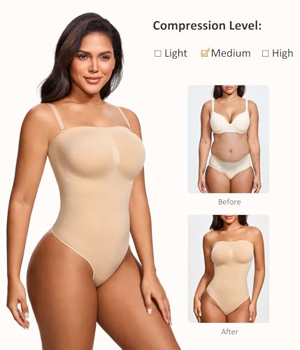 Strapless Thong Bodysuit for Women Seamless Tummy Control Shapewear Body Shaper -Removable Strap Tube Top Leotard4