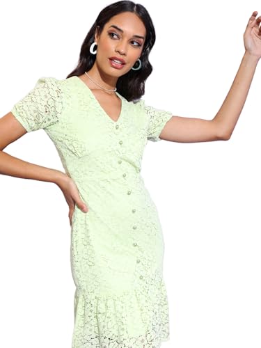 Image of Tokyo Talkies Women's Graceful Self-Design A-Line Flared Dress with Puff Sleeves Chic & Playful for Any Occasion