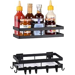 YunNasi 2 Pcs Especieros para Cocina Pared Especieros para Cocina de Colgar con 8 Ganchos Estantería de Especiero de Cocina Para Cocina Baño y Balcón, (Negro mate, 25cm)
