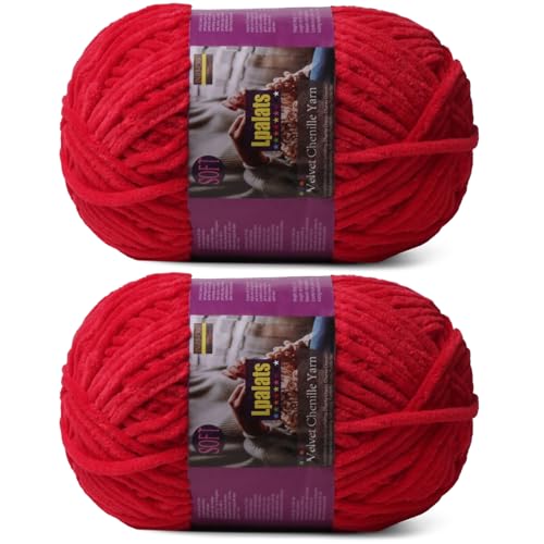 Image of Chunky Chenille Yarn for Crocheting, Red Fluffy Blanket Yarn for Crochet | 2 Pack of 175 Yds, 7.05 Oz Fuzzy Thick Velvet Yarn for Crocheting Plush Soft Crochet Yarn for Knitting Blankets, Amigurumi