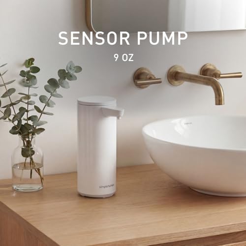 Image of simplehuman Liquid Sensor Pump, 9 oz Automatic Soap Dispenser for Kitchen and Bathroom, Touchless Motion Sensor, Variable Dispense, Rechargeable, No-Drip Spout, High-Grade White Steel