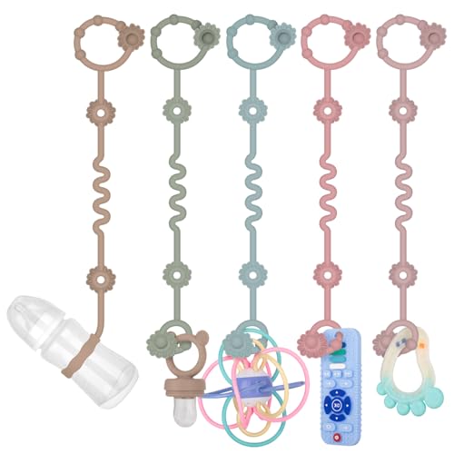 Image of 5 Pcs Toy Straps for Baby, Adjustable Stroller Accessories Toy Holder, Prevent Drop Silicone Pacifier Clip, Baby Travel Essential Applicable Sippy Cup (Sage+Sand+Ether+Powder Rose+Dusty Lilac)