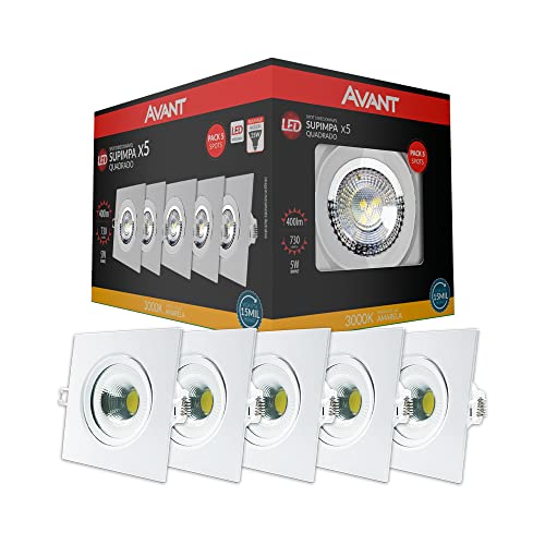 Kit Spot LED, 5 unidades, 5W, Luz amarela 3000K, Embutir, Quadrado, Bivolt, Avant