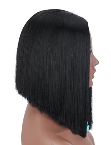 Kalyss 14” Short Straight Black Yaki Synthetic Bob Wig Heat Resistant Premium Synthetic Hair Replacement Middle Parting Full Head Wig For Women #TOP3