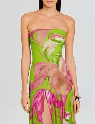 Image of Willow Dance Women Tube Top Dress Printed Mesh Patchwork Maxi Dress Strapless Sexy High Slit Long Dresses Party Clubwear