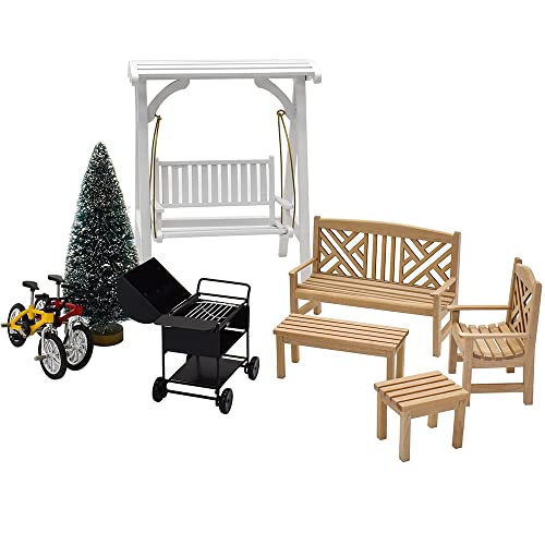 Iland Dollhouse Furniture And Accessories, Fairy Garden Decor On 1:12 Scale Incl Miniature Swing & Patio Tables & Chairs & Charcoal Grill (Classic 9Pcs) #TOP30