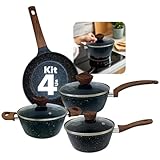 Jogo de Panelas Ceramica Premium 7 Peças Antiaderentes de Revestimento Cerâmico Grafito Pesada com Tampa de Vidro Temperado e Fundo Triplo Fogão a Gás, Elétricos, Indução (Grafito)