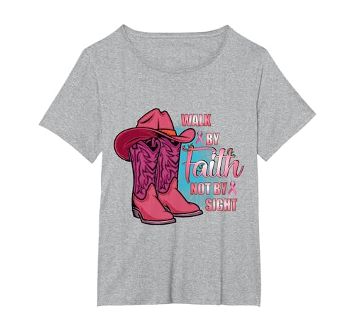 Walk By Faith Not By Sight Awareness Breast Cancer Boots Pink T-Shirt, Women's Plus, Heather Grey, 2X
