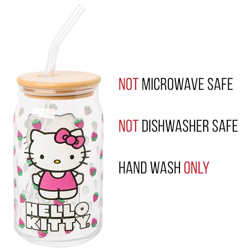 Image of Silver Buffalo Sanrio Hello Kitty Strawberry Glass Jar Tumbler with Bamboo Lid and Glass Straw,16 Ounces,(Pack of 12)