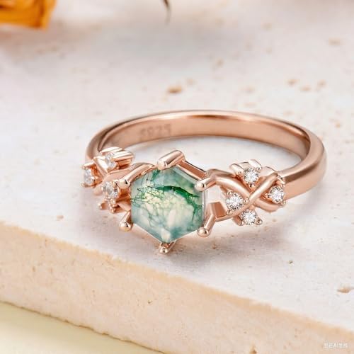 925 Sterling Silver Hexagon Natural Moss Agate Ring with CZ for Women infinity Promise Engagement Rings Jewelry for Wife Her2