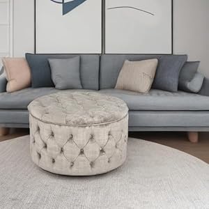 Joveco round storage ottoman button tufted upholstered ottoman with removable top storage bench coffee table footrest stool for living room bedroom entryway beige  urban country home decor