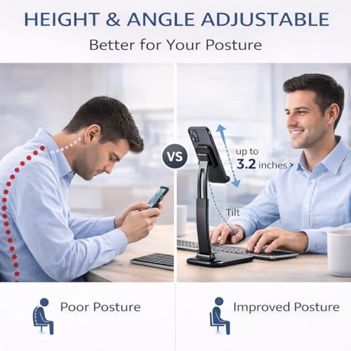 Image of Mizi Portable Cell Phone Stand for Desk - Height & Angle Adjustable Mobile Foldable Holder, Compatible with iPhone 17 16 15 14 13 12 11 Pro Max, Galaxy S25 S24, All 4-10 inch Devices - Black