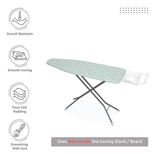 Image of Encasa XO Ironing Board Cover with 3mm Thick Felt Pad for Steam Press (Fits Standard Large Boards of 125x39 cm) Heat Reflective, Scorch & Stain Resistant, Printed - Green Leaflet