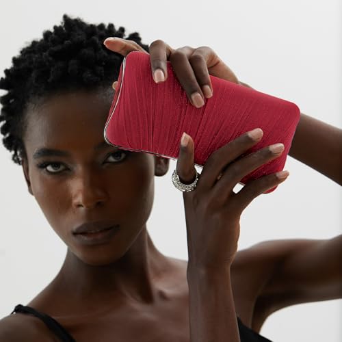 Image of Womens Golden Glitter Clutch Purse Pleated Evening Bag for Bridal Wedding Party with Rhinestone Ring