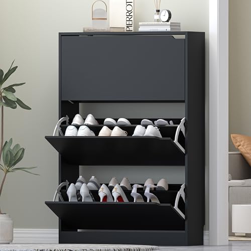 HUANLEGO Shoe Storage Cabinet for Entryway, Black Shoe Cabinet with 3 Flip Drawers Hidden Shoe Storage Modern Shoe Rack Storage Organizer for Entryway,Closet, Living Room,Hallway…
