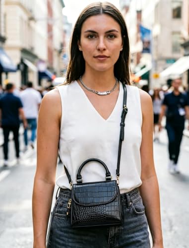 Bolso pequeño para mujer con asa superior y bandolera ajustable, hecho de cuero vegano | Bolso tipo satchel o tote, clutch para hombro miniatura 2