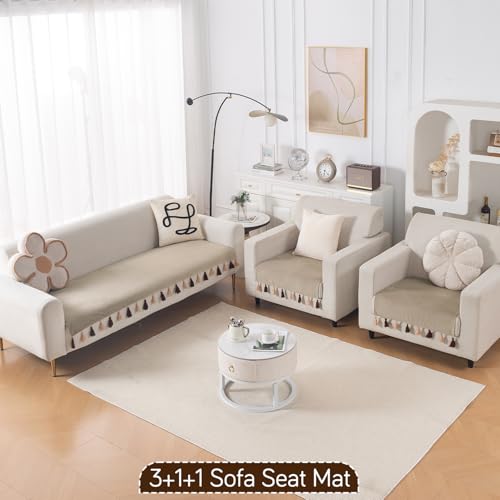 Image of HOKIPO Premium Holland Velvet Sofa Cover 5 Seater Set - Washable 3+1+1 Sofa Cover Mat with Tassel | 'TasselTone Series' | Sand Beige (IN-1108+1104-BGE*2)