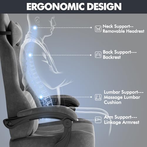 Image of Soontrans Dark Grey Velvet Fabric Gaming Chairs with Footrest, Ergonomic Comfortable Video Gamer Chair, Reclining Office Computer Desk Game Chairs with Massage Lumbar Cushion,Headrest for Adult