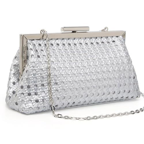 Gurina Elegante bolsa clutch para noite com padrão de tecido, design de moldura de metal para eventos formais, casamentos, festas, Zoz6 Prata, Medium