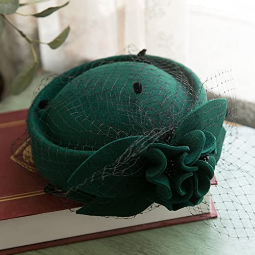 Paotit Women Fascinator Wool Felt Medicine Box Hat Wedding Church Top Hat Autumn Winter Solid Color Fedora 02-Dark Green,02A3-Dark Green,One Size #TOP2