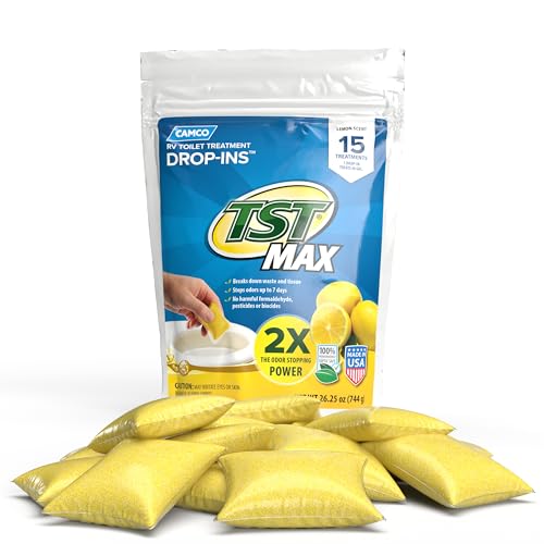 Camco TST MAX RV Toilet Treatment Drop-INs - Control Unwanted Odors & Break Down Waste and Tissue - Safe Septic Tank Treatment - Lemon Scent, 15-Pack (41570)
