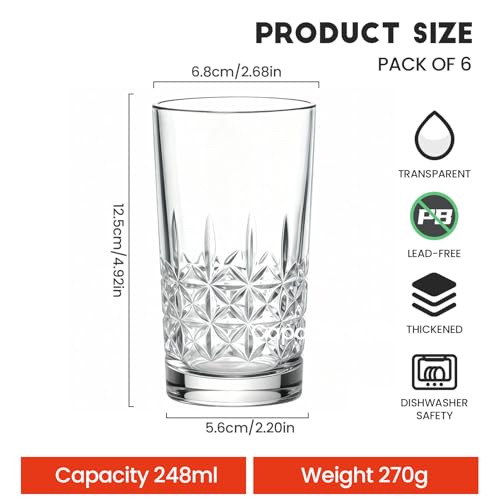 Kixiny Set Of 6 Highball Glasses 248Ml Drinking Glasses Elegant Water Glasses For Cocktails Water Beer Soda - 2