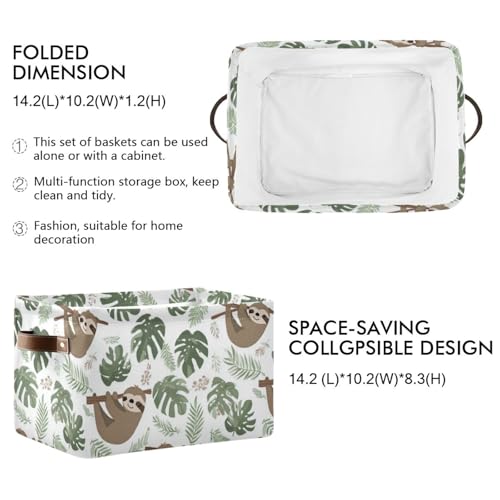 Image of Aslsiy Storage Basket Sloth Tropical Leaves Nursery Bins Baby Box Canvas Clothes Shelf Basket Laundry Hamper Gift Baskets for Home Closet 2 Pcs