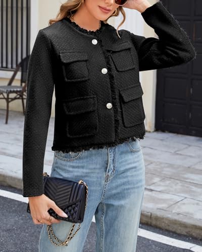 Ladyful Womens Cropped Tweed Blazer Jacket Collarless Lady Jacket Long Sleeve Fall Elegant Work Suits Coat4