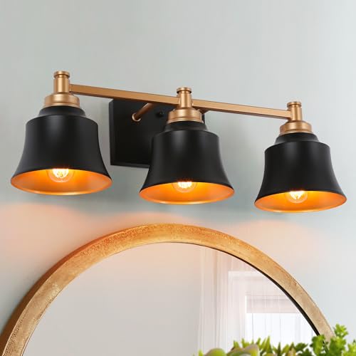 Image of KSANA Bathroom Light Fixtures, 3 Light Black and Gold Powder Room Wall Lights Over Mirror, 22 Inch Modern Farmhouse Metal Vanity Lights