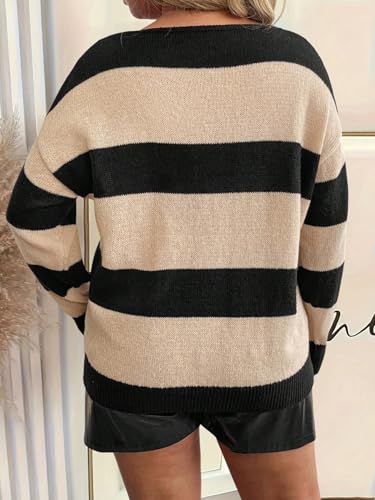 Verdusa Women's Plus Size Color Block Striped Pullover Sweaters V Neck Drop Shoulder Knit Tops2