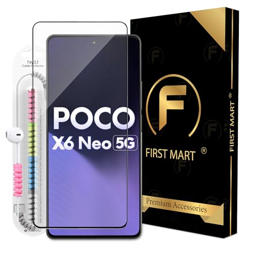 Image of FIRST MART Tempered Glass for Poco X6 Neo and X6 Pro and Redmi Note 13 5G, 9H 0.3 mm Full-Glue Screen Protector with Cable Protector, 3D Edge-to-Edge, HD Clear, Case-Friendly, Black, Pack of 1