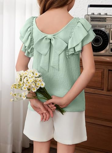 Image of DOKOTOO KIDS Girls Shirts Summer Cute Double Ruffle Short Sleeve Tie Back Bow Tee Tops 6-15 Years