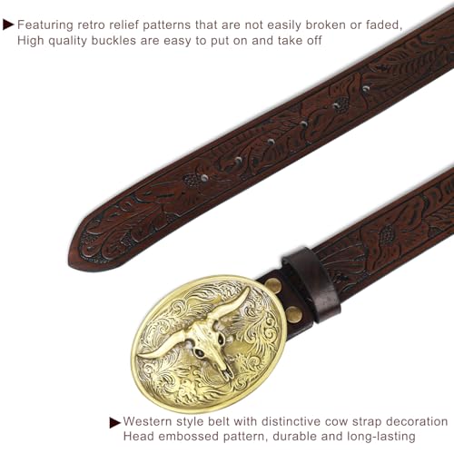 Western Cowboy Cowgirl Belt Country belt for Men Women, Leather Bull Buckle Belts for Jeans4