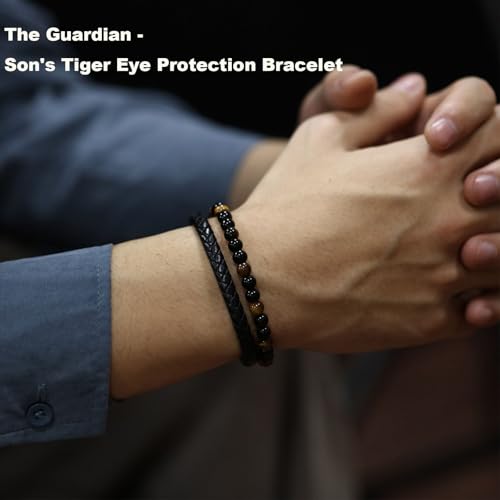 The Guardian - Son's Tiger Eye Protection Bracelet, To My Son Leather Black Beaded Bracelet Calming Anxiety Handmade Cuff Bracelets Birthday Weave Gift Jewelry2