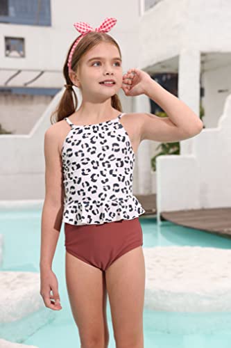 Mafulus Girls 2 Pcs Swimsuit Ruffle Cute Print Adjustable Spaghetti Strap Quick Drying Kids Bathing Suit 5-14Years Camel #TOP2
