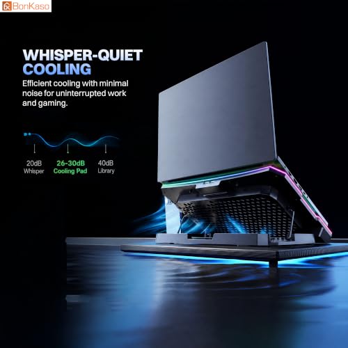 Image of Bonkaso Laptop Cooling Pad with 6 High-Speed Fans, Up to 2400 RPM, 10 RGB Modes, Fan Speed Dial, 4-Level Adjustable Stand, Dual USB Extender, Phone Holder, Iron Mesh, Anti-Slip Stoppers