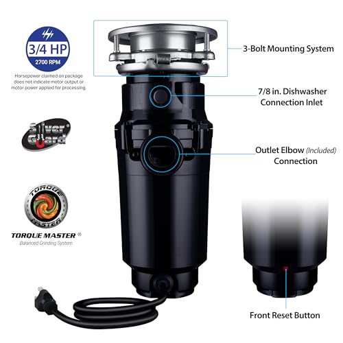 Image of Waste Maid 10-US-WM-458-SL-3B Garbage Disposal Anti-Jam Stainless Steel Food Waste Grinding System, 3 /4 HP Slim Line, Black