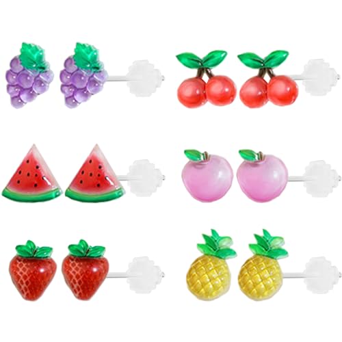 6 Pairs Fruit Earrings - Plastic Post Earrings for Girls with Sensitive Ears