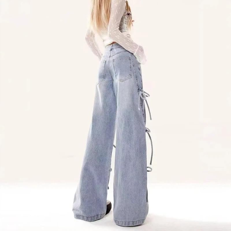 BXCNCKD Women‘s Jeans High Waist Wide Leg Flare Pants Bow Tie-Waist Detail Denim Retro Spring Summer Loose Fit Trousers - Image 5